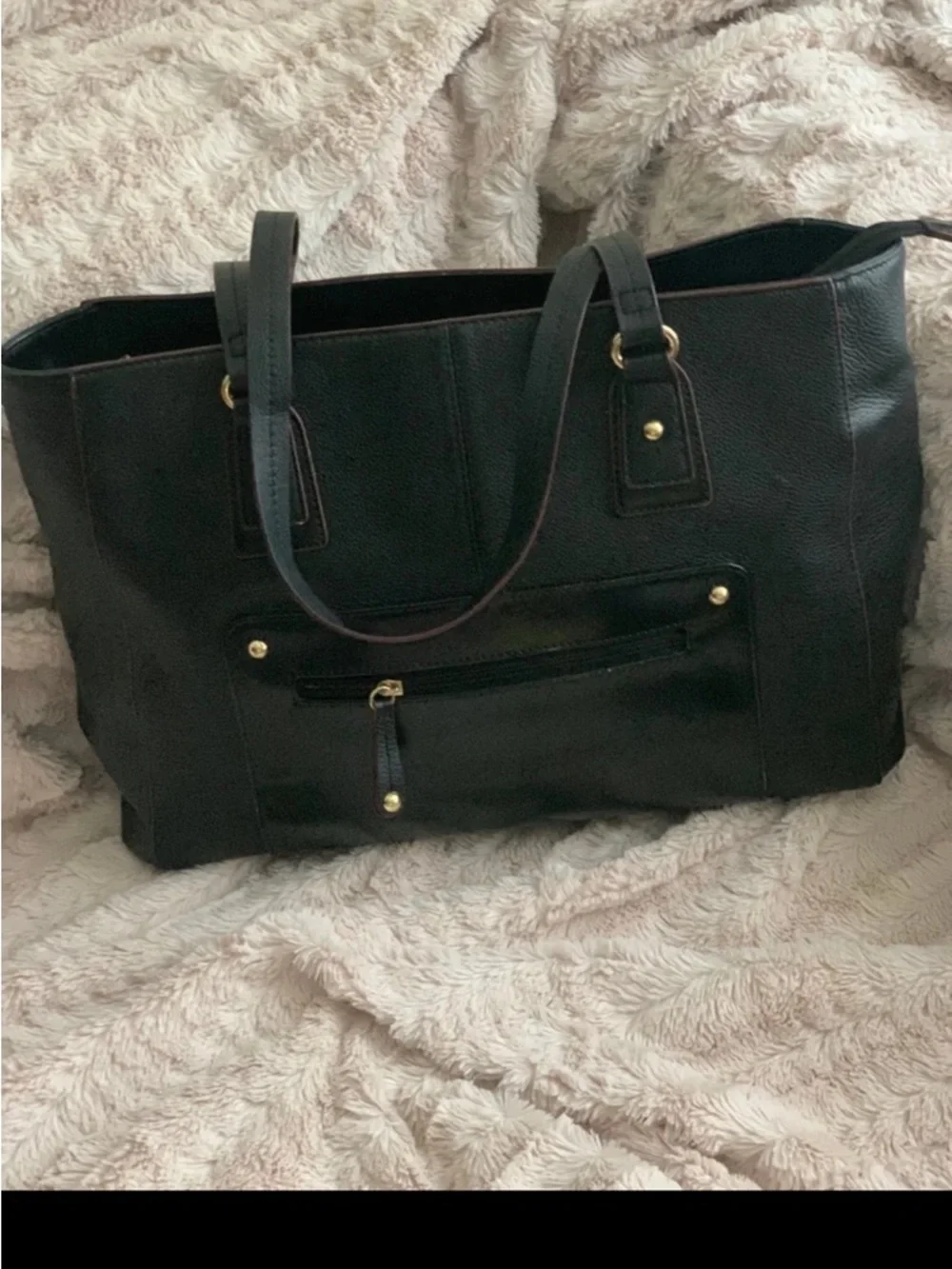 Emma Fox Black Leather Tote with Gold Fox Emblem
